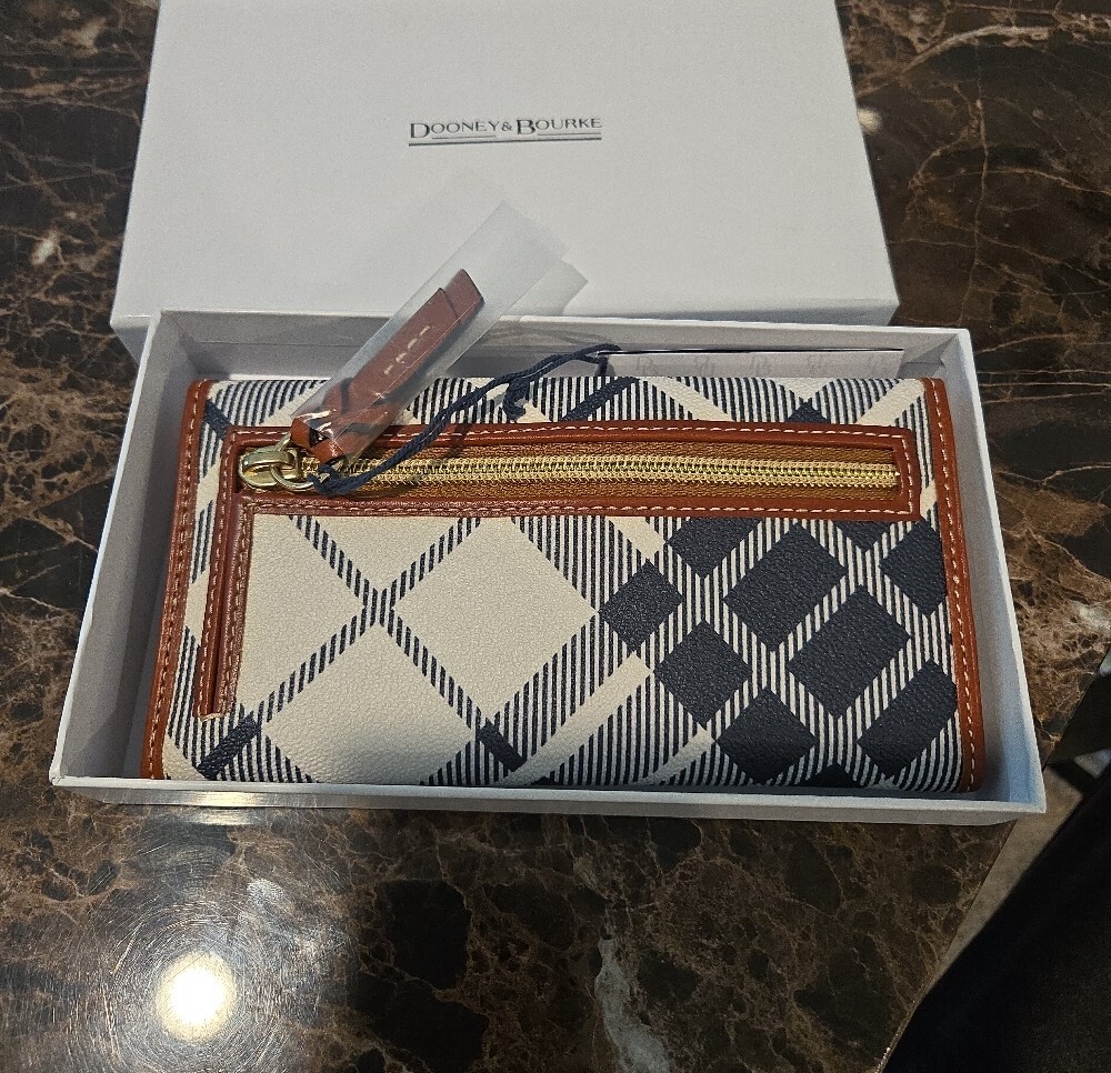 Dooney & Bourke Navy and White Plaid Wallet with Brown Trim and Gold Plaque - Picture 2 of 3